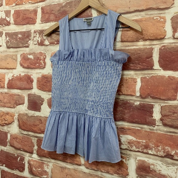 Chelsea 28 Top Women's Small Blue White Striped Ruffle Smocked Sleeveless Blouse - Picture 3 of 8